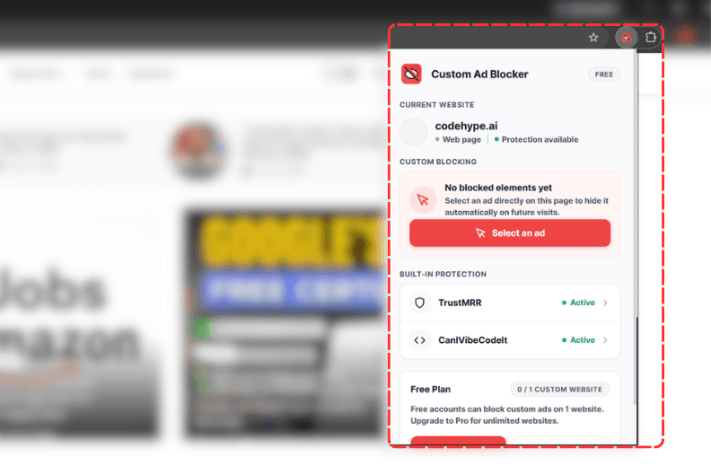 Extension popup with visual picker activated