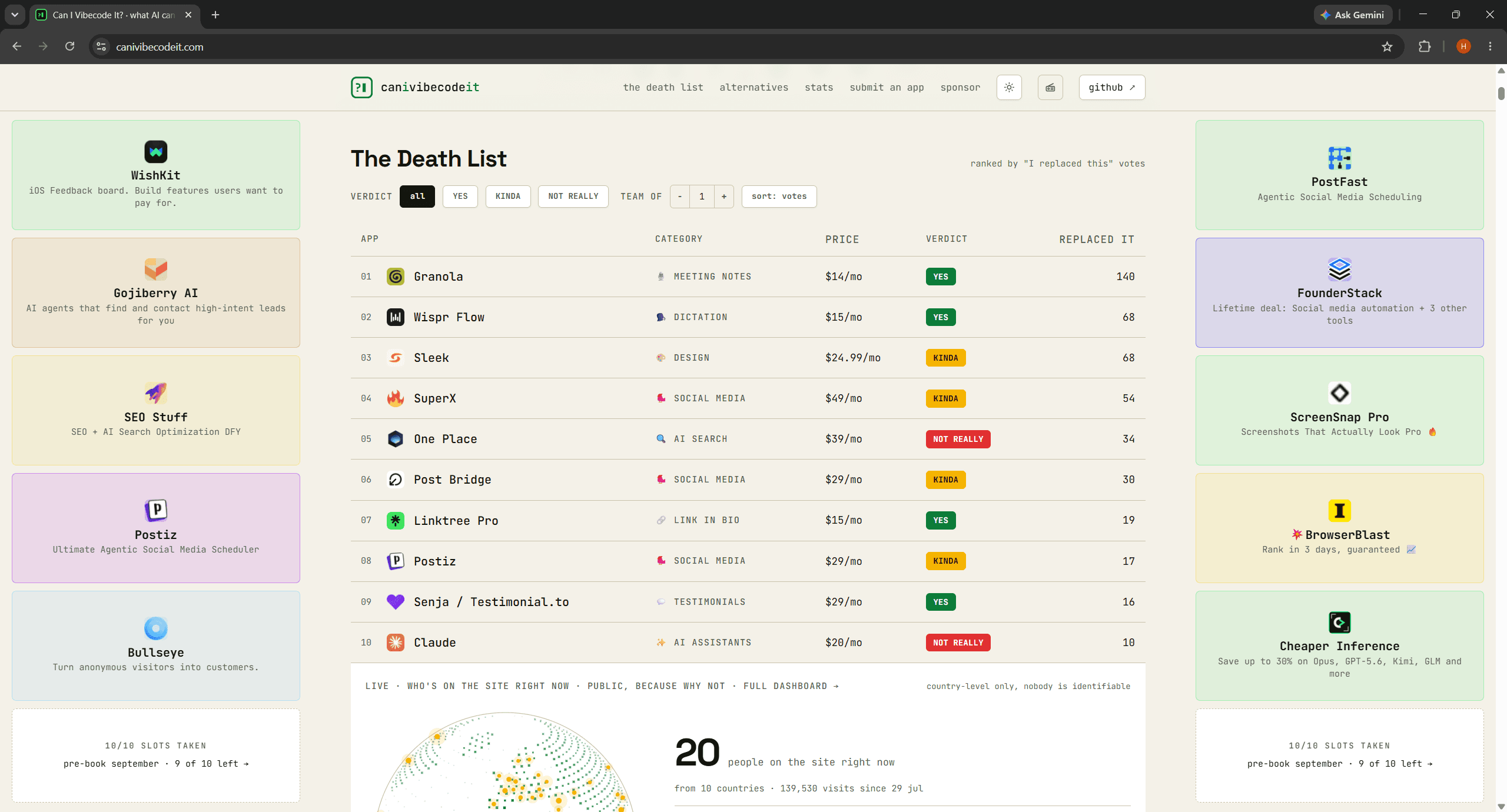 CanIVibeCodeIt page with promotional content visible